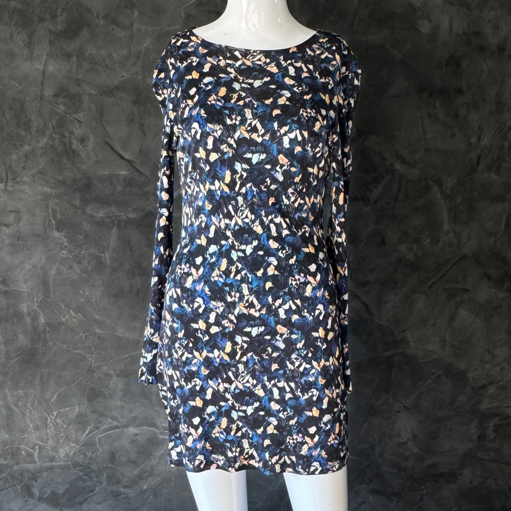 SALONI Blue and White Sheath Dress with Bishop Sleeves